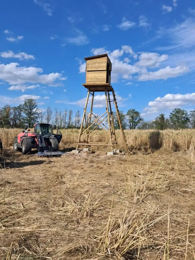 Mirador d’affût bois de 5 m sur quatre poteaux Ø12 contreventés
