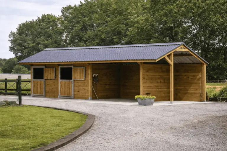 Rangée de box à chevaux et clôture de paddock équipant un centre équestre